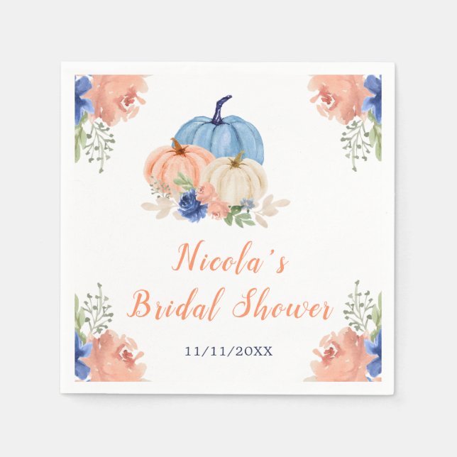 Navy Blue and Blush Floral Pumpkins Bridal Shower Napkin (Front)