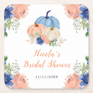 Navy Blue and Blush Floral Pumpkins Bridal Shower Square Paper Coaster