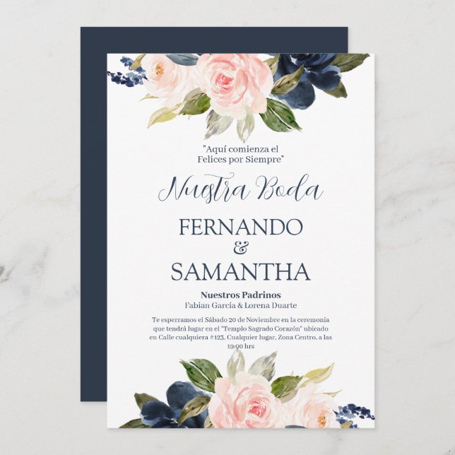 Navy Blue and Blush Floral Spanish Wedding Invitation (Front/Back)