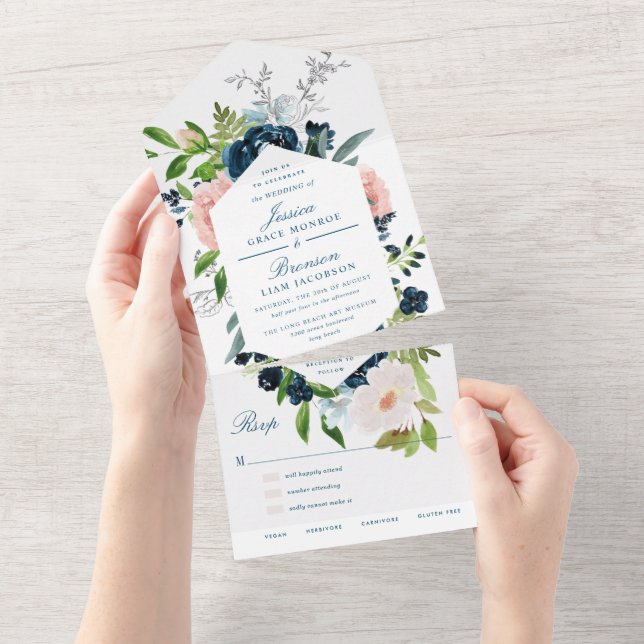 Navy Blue and Blush Floral Wedding All In One Invitation (Tearaway)