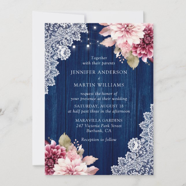 Navy Blue and Blush Floral Wedding Invitation (Front)