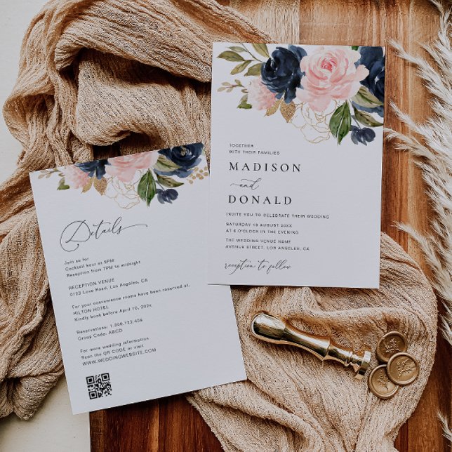 navy blue and blush floral wedding invitation (Creator Uploaded)