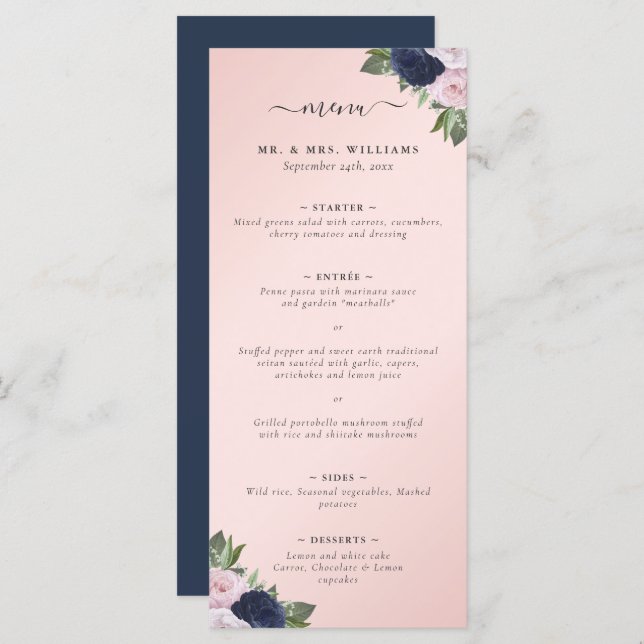 Navy Blue and Blush Floral Wedding Menu (Front/Back)