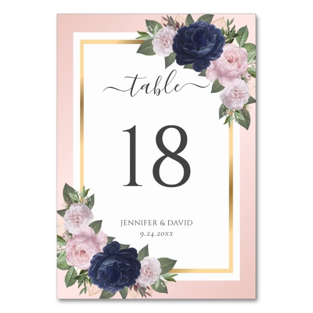 Navy Blue and Blush Floral Wedding Table Number (Front)