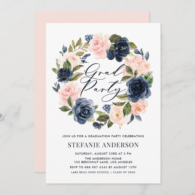 Navy Blue and Blush Floral Wreath Graduation Invitation (Front/Back)