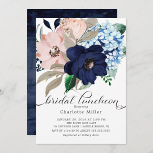 Navy Blue and Blush Flowers Bridal Luncheon Invitation