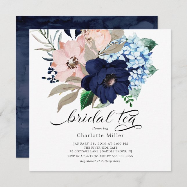 Navy Blue and Blush Flowers Bridal Shower Tea Invitation (Front/Back)