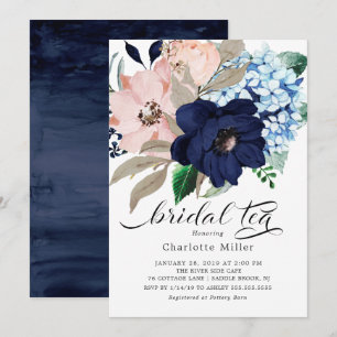 Navy Blue and Blush Flowers Bridal Shower Tea Invitation
