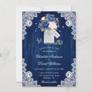 Navy Blue and Blush Lace Mason Jar Floral Wedding Invitation