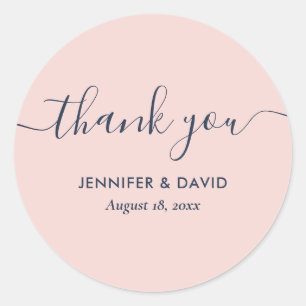Navy Blue and Blush Modern Script Thank You Classic Round Sticker