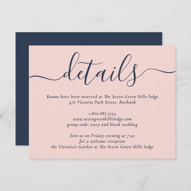 Navy Blue and Blush Modern Script Wedding Enclosure Card (Front/Back)