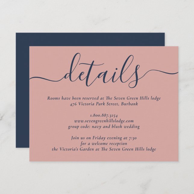 Navy Blue and Blush Modern Script Wedding Enclosure Card (Front/Back)