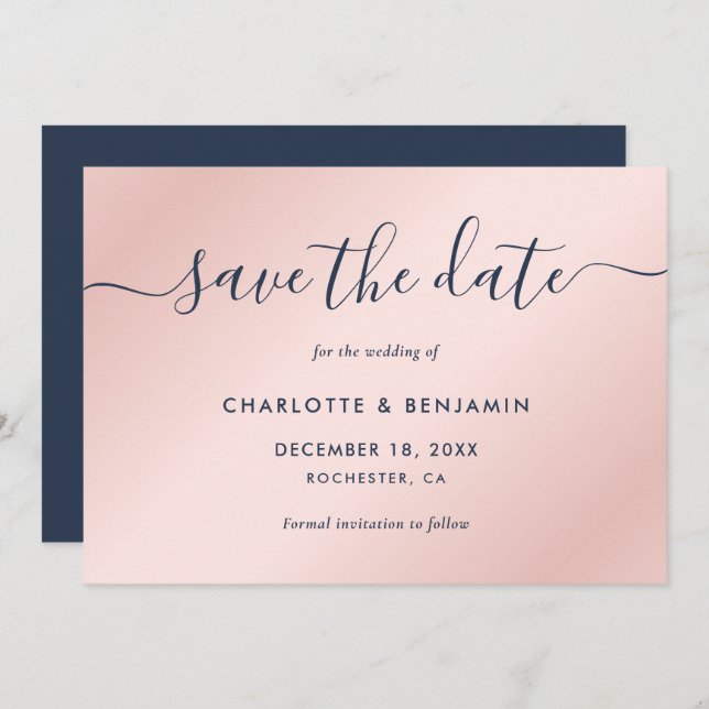 Navy Blue and Blush Modern Script Wedding Save The Date (Front/Back)