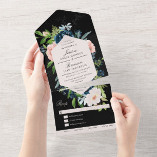 Navy Blue and Blush on Black Floral Wedding All In One Invitation