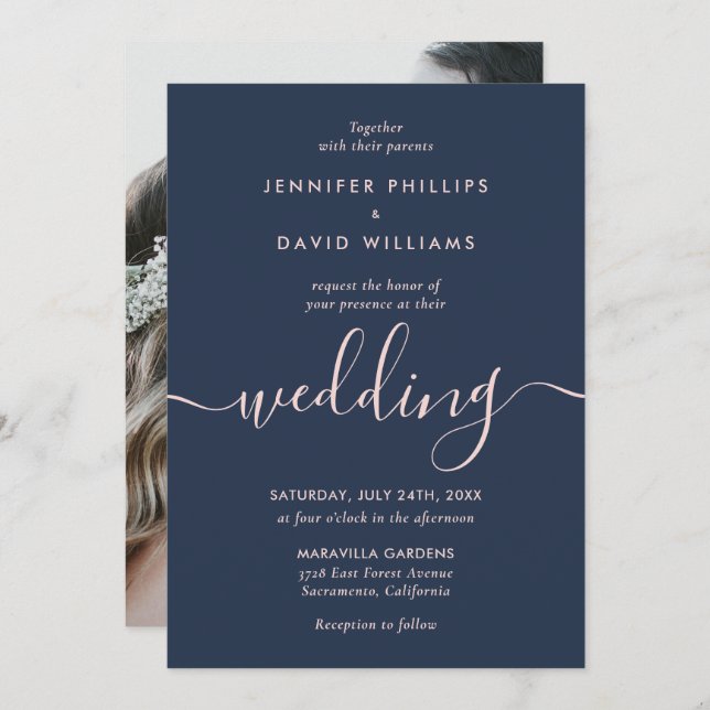 Navy Blue and Blush Photo Modern Script Wedding Invitation (Front/Back)