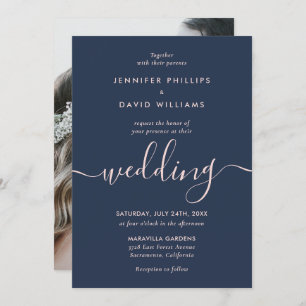 Navy Blue and Blush Photo Modern Script Wedding Invitation