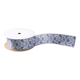 Navy Blue and Blush Pink Damask Satin Ribbon
