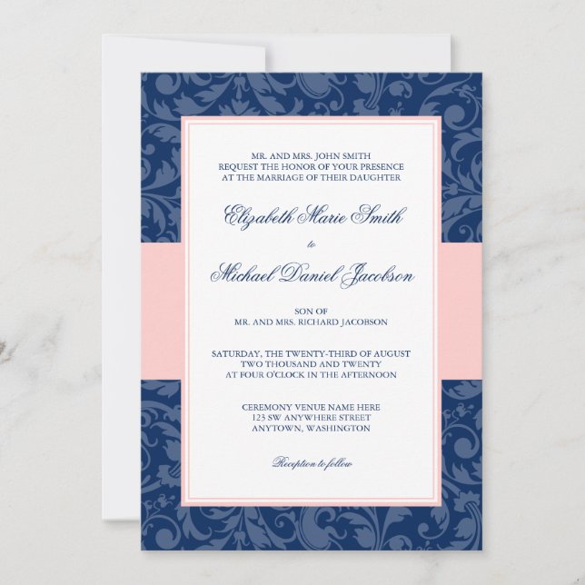 Navy Blue and Blush Pink Damask Swirl Wedding Invitation (Front)