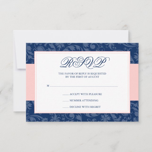 Navy Blue and Blush Pink Damask Swirl Wedding RSVP Card (Front)