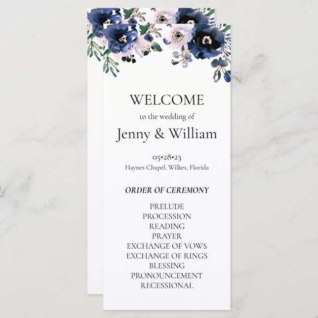 Navy Blue and Blush Pink Elegant Floral Wedding (Front/Back)