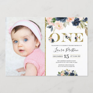 Navy Blue and Blush Pink Floral 1st Birthday Photo Invitation