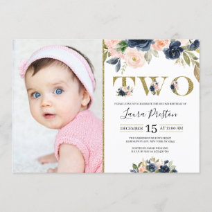 Navy Blue and Blush Pink Floral 2nd Birthday Photo Invitation