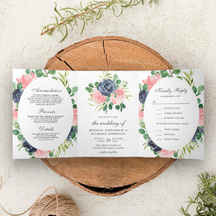Navy Blue and Blush Pink Floral 3 in 1 Wedding Tri-Fold Invitation
