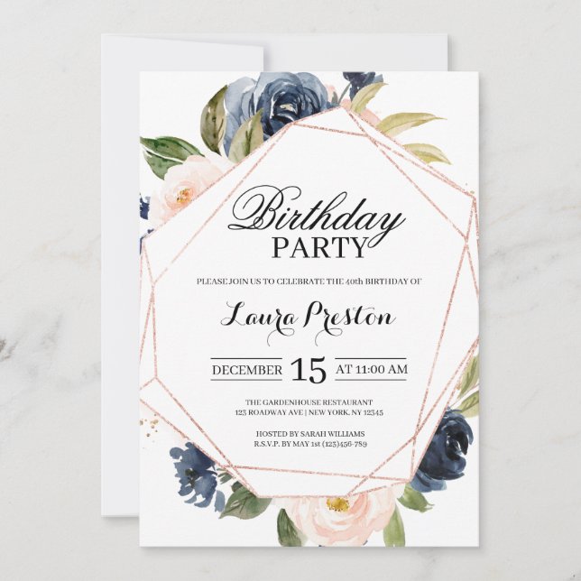 Navy Blue and Blush Pink Floral Birthday Invitation (Front)