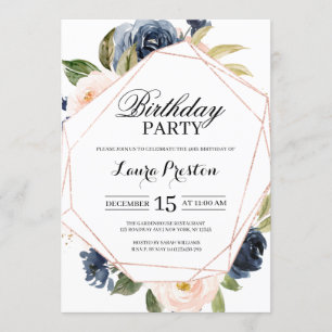 Navy Blue and Blush Pink Floral Birthday Invitation