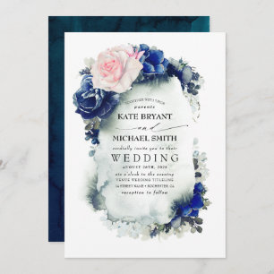 Navy Blue and Blush Pink Floral Boho Wedding Invitation