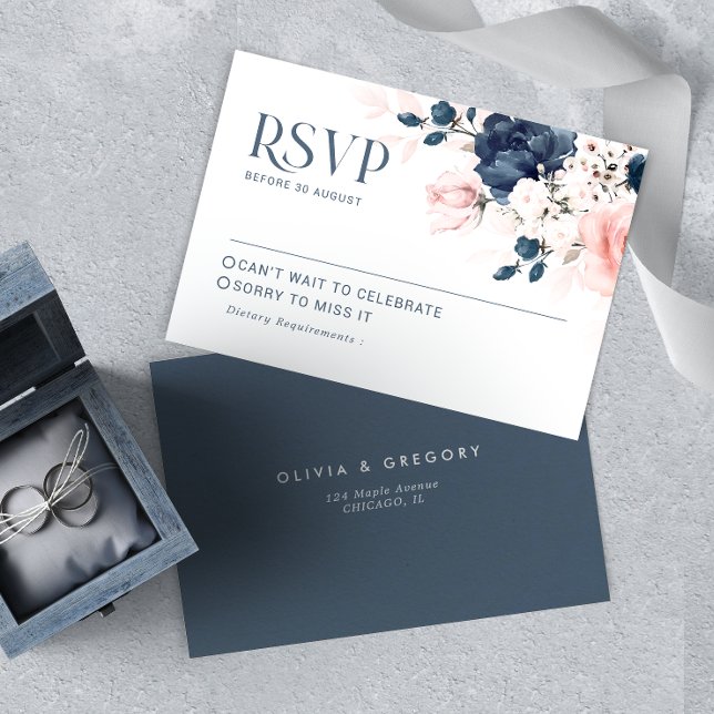 Navy Blue and Blush Pink Floral Bouquet Wedding RS RSVP Card (Creator Uploaded)