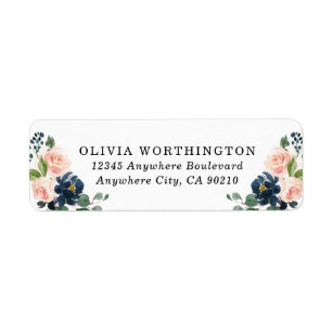 Navy Blue and Blush Pink Floral Country Wedding Return Address Label