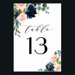 Navy Blue and Blush Pink Floral Country Wedding Table Number<br><div class="desc">Design features beautiful watercolor peony,  rose,  eucalyptus,  greenery,  foliage/leaf elements in shades of green,  gold,  blush pink/pink peach,  and navy blue. This template also features a modern typography layout. View the collection on this page to find matching items in this design.</div>