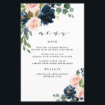 Navy Blue and Blush Pink Floral Wedding Menu Cards<br><div class="desc">Design features beautiful watercolor peony,  rose,  eucalyptus,  greenery,  foliage/leaf elements in shades of green,  gold,  blush pink/pink peach,  and navy blue. This template also features a modern typography layout. View the collection on this page to find matching items in this design.</div>
