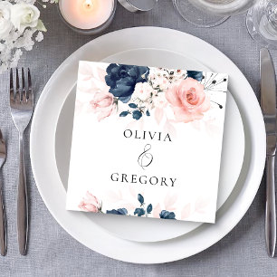 Navy Blue and Blush Pink Floral Wedding Napkin