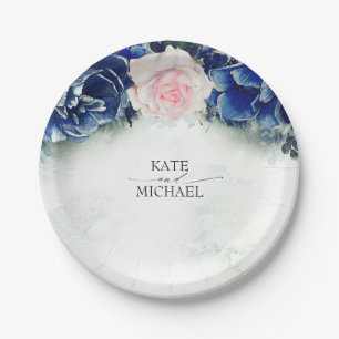 Navy Blue and Blush Pink Floral Wedding Paper Plate