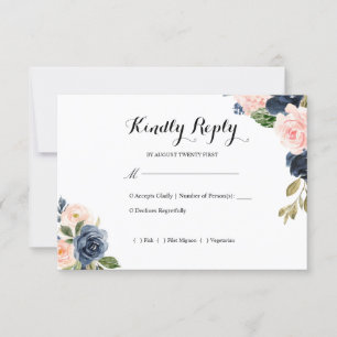 Navy Blue and Blush Pink Floral Wedding RSVP Card