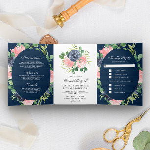 Navy Blue and Blush Pink Floral Wood Wedding Tri-Fold Invitation