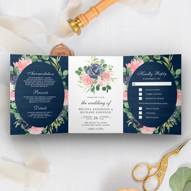Navy Blue and Blush Pink Floral Wood Wedding Tri-Fold Invitation (Creator Uploaded)
