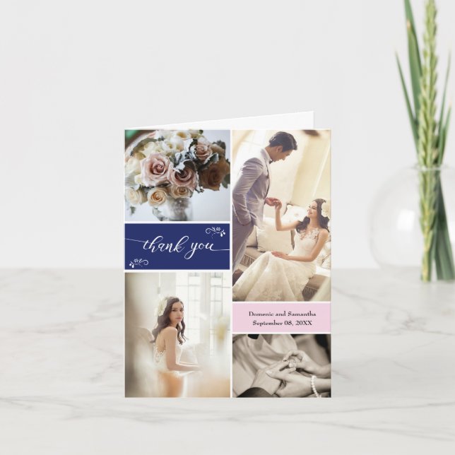 Navy blue and Blush Pink Script Thank you Collage Card (Front)