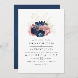 Navy Blue and Blush Pink Vintage Roses Wedding Invitation