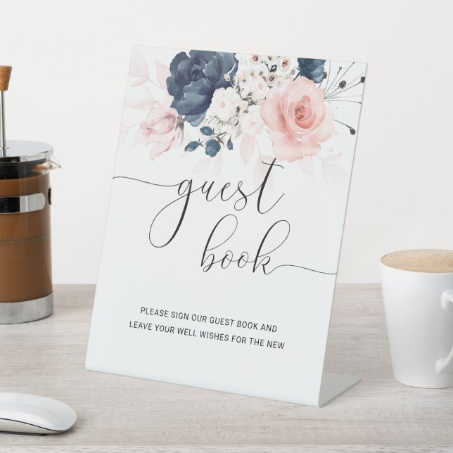 Navy Blue and Blush Pink Wedding Guest Book Sign (In SItu)
