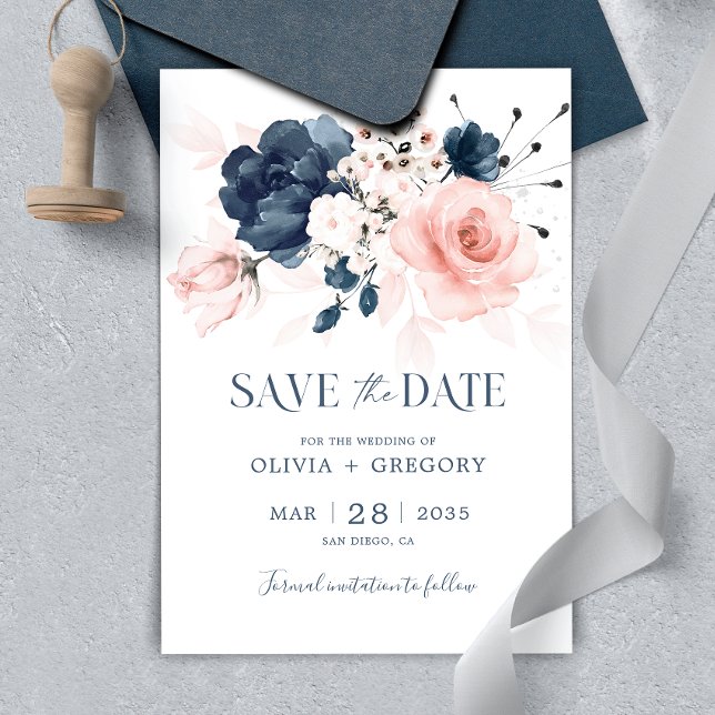 Navy Blue and Blush Pink Wedding Save The Date (Creator Uploaded)