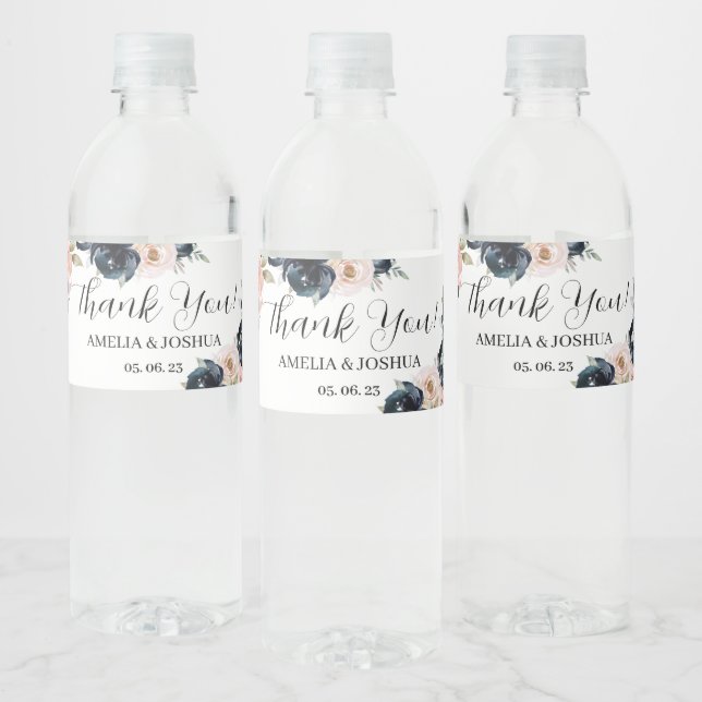 Navy blue and blush pink Wedding Water Bottle Label (Bottles)