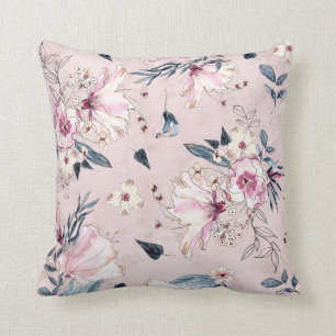 Navy Blue and Blush Watercolor Flowers Cushion