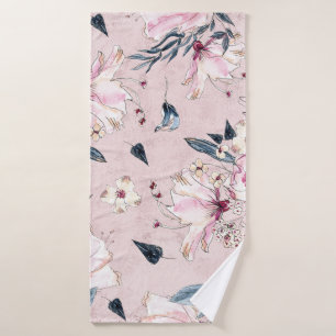 Navy Blue and Blush Watercolor Flowers Throw Pillo Bath Towel