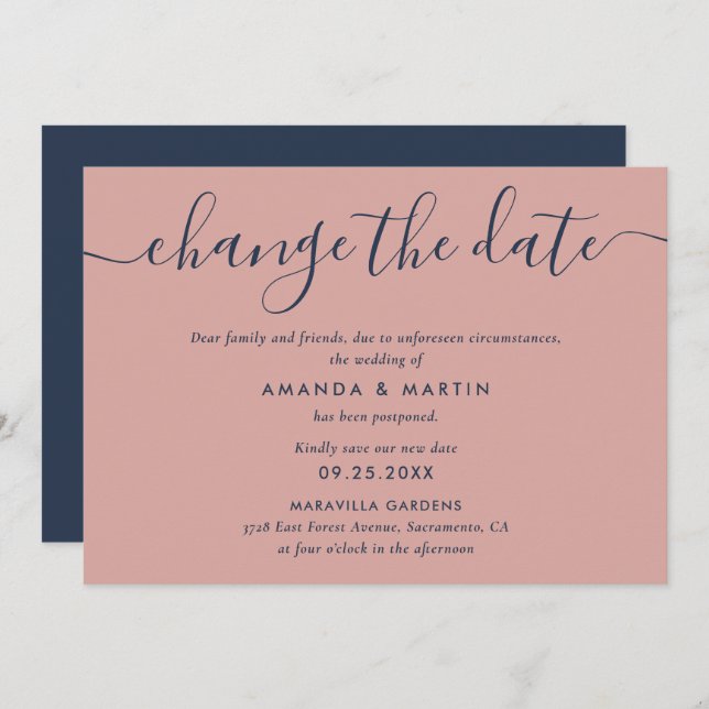 Navy Blue and Blush Wedding Postponement Announcement (Front/Back)