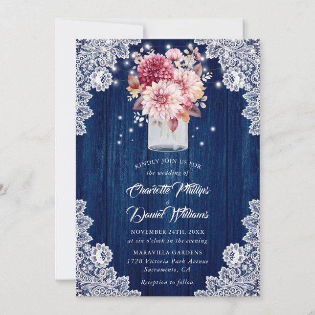 Navy Blue and Blush Wood Mason Jar Floral Wedding Invitation (Front)