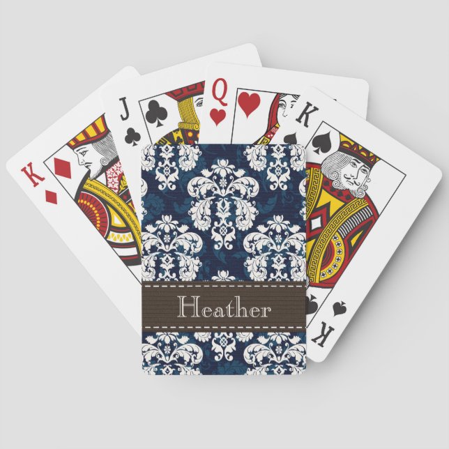 Navy Blue and Brown Damask Bicycle® Playing Cards (Back)
