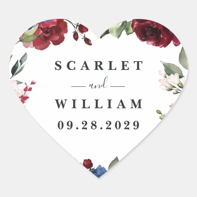 Navy Blue and Burgundy Blush Pink Floral Wedding Heart Sticker (Front)